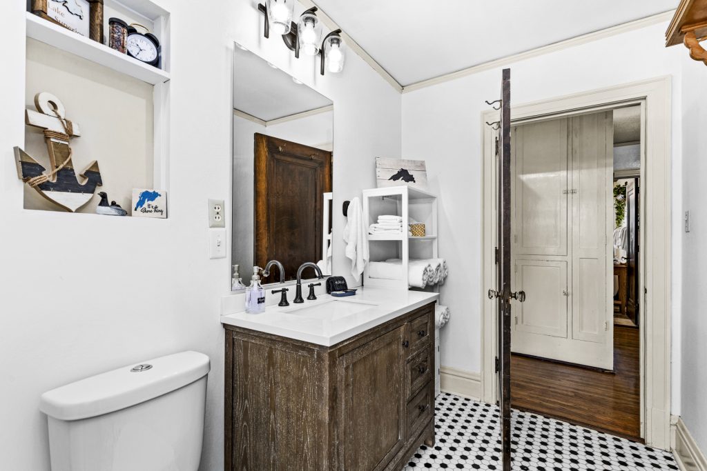Double vanity with plenty of counter space and storage.