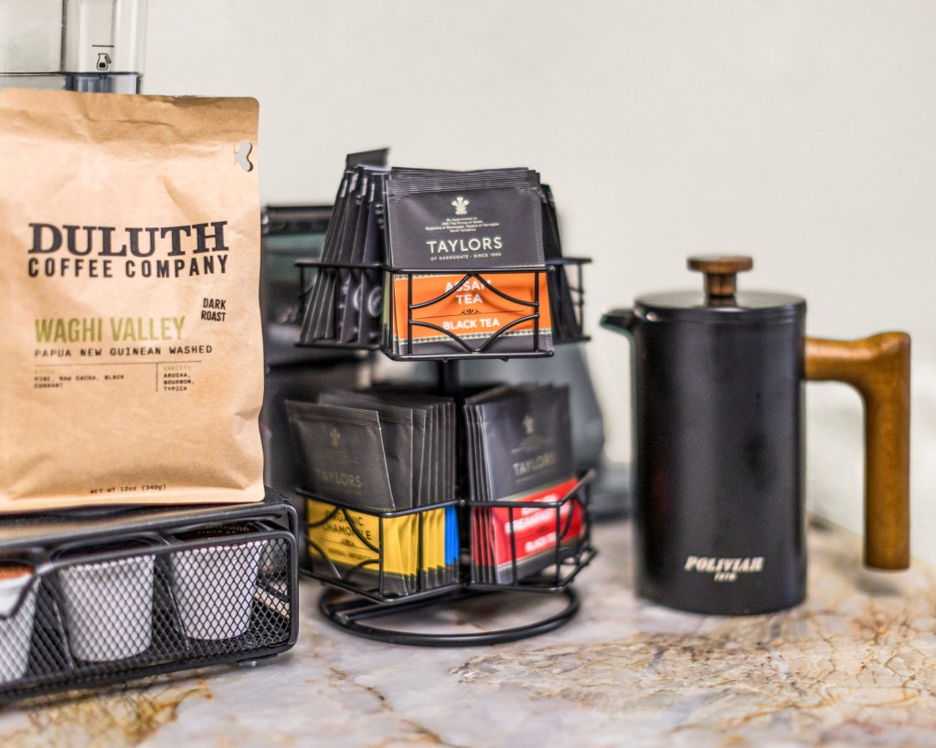 Enjoy your coffee or tea. We supply many pod flavors and locally roasted beans from the Duluth Coffee Co.