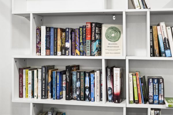 A well stocked bookshelf offers plenty to read for quiet afternoons and rainy days.